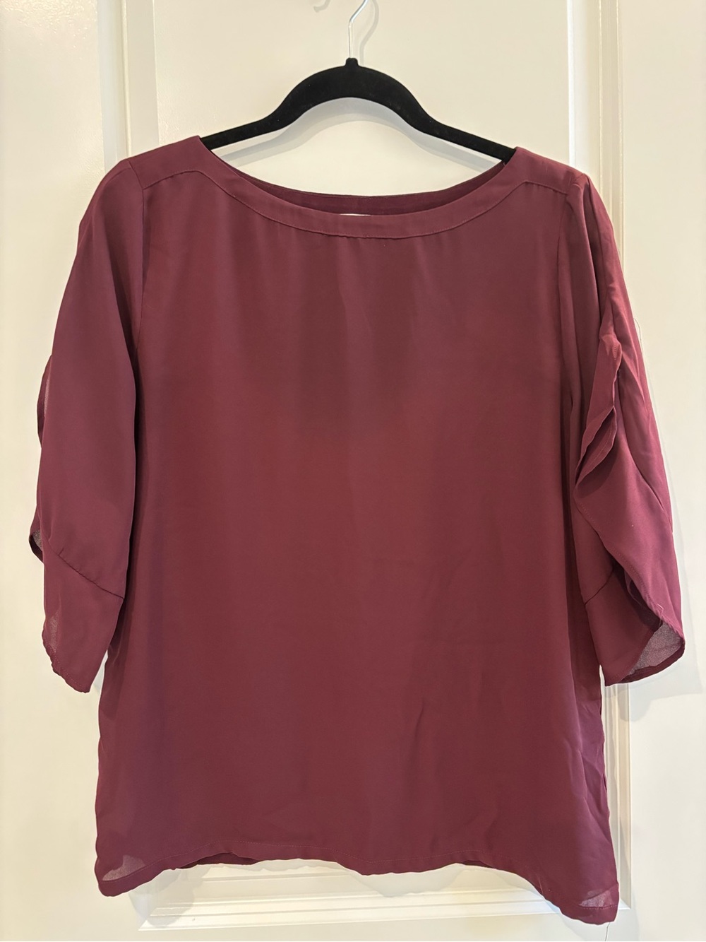 LOFT Flounce Sleeve Mixed Media Top in Plum Preserve